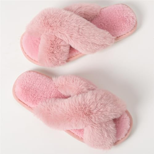 Image of Women's Cross Band Fuzzy Slippers Fluffy Open Toe House Slippers