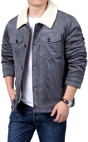 Image of LOUECHY Men's Sherpa Lined Jacket Faux Suede Trucker Jacket Fleece Warm Winter Coats