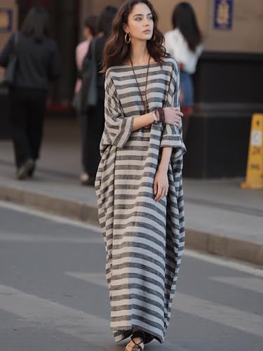 Image of LUZU JUNU Women Cotton Linen Caftan Robe Striped Casual Loose Bat Sleeve Long Maxi Dress