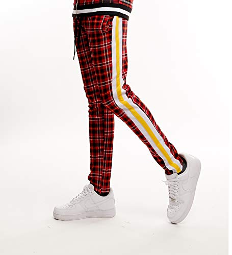 Screenshotbrand-P11957 Mens Hip Hop Premium Slim Fit Track Pants - Athletic Jogger Checker Pattern Color Block Print Bottoms-Red/Plaid-3Xlarge #TOP2