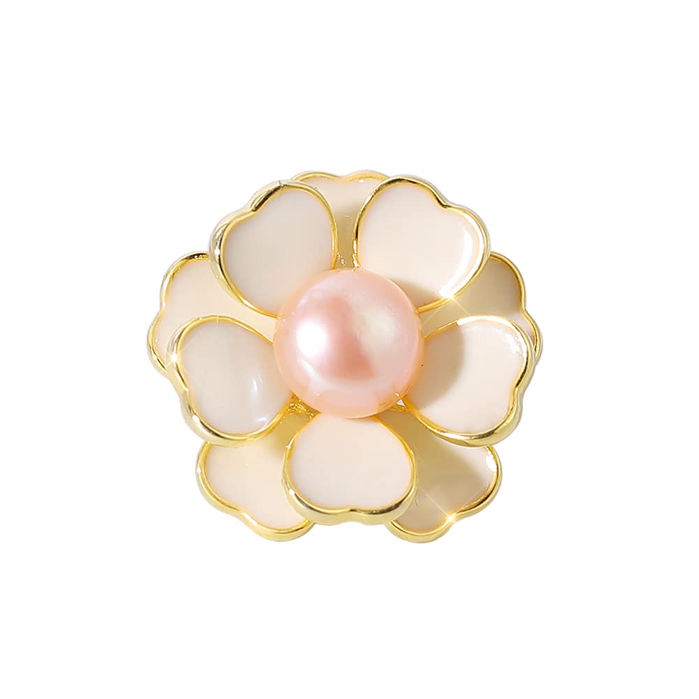 Mr.JiangDelicate Camellia Pearl Brooch with 18K Gold Plating and Marine-inspired Design, Pink Pearl and White Shell Camellia Brooch with, Ideal for Daily or Party Wear, Copper, cubic zirconia