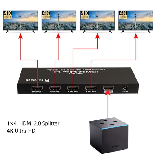 FeinTech VSP01401 HDMI 2.0 Splitter 1 auf 4 für verschiedene Displays