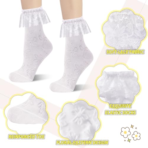 6 Pairs Women's Crew Socks - Black & White Ruffle Frilly Ankle Socks - Breathable Cotton - Regular3