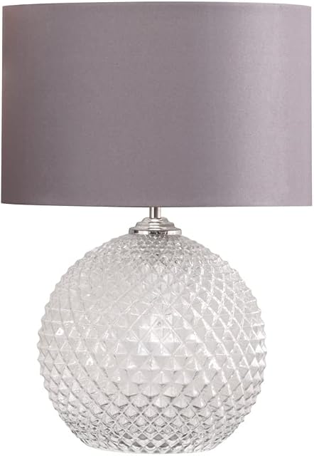 LITECRAFT Pina Table Lamp Clear Glass E14 Base with Grey Fabric Drum Shade