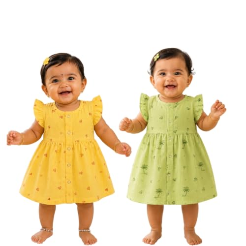 Image of Lilimi Toddler Baby Girl Cotton Muslin Dress, Breathable Flutter Sleeve Button-Front Cute Frocks