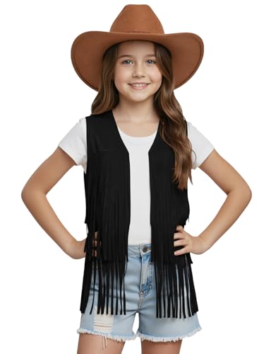 Image of Noomelfish Girls Faux Suede Fringe Vest Sleeveless Boho Tassels Jacket Cardigan (5-12 Years)