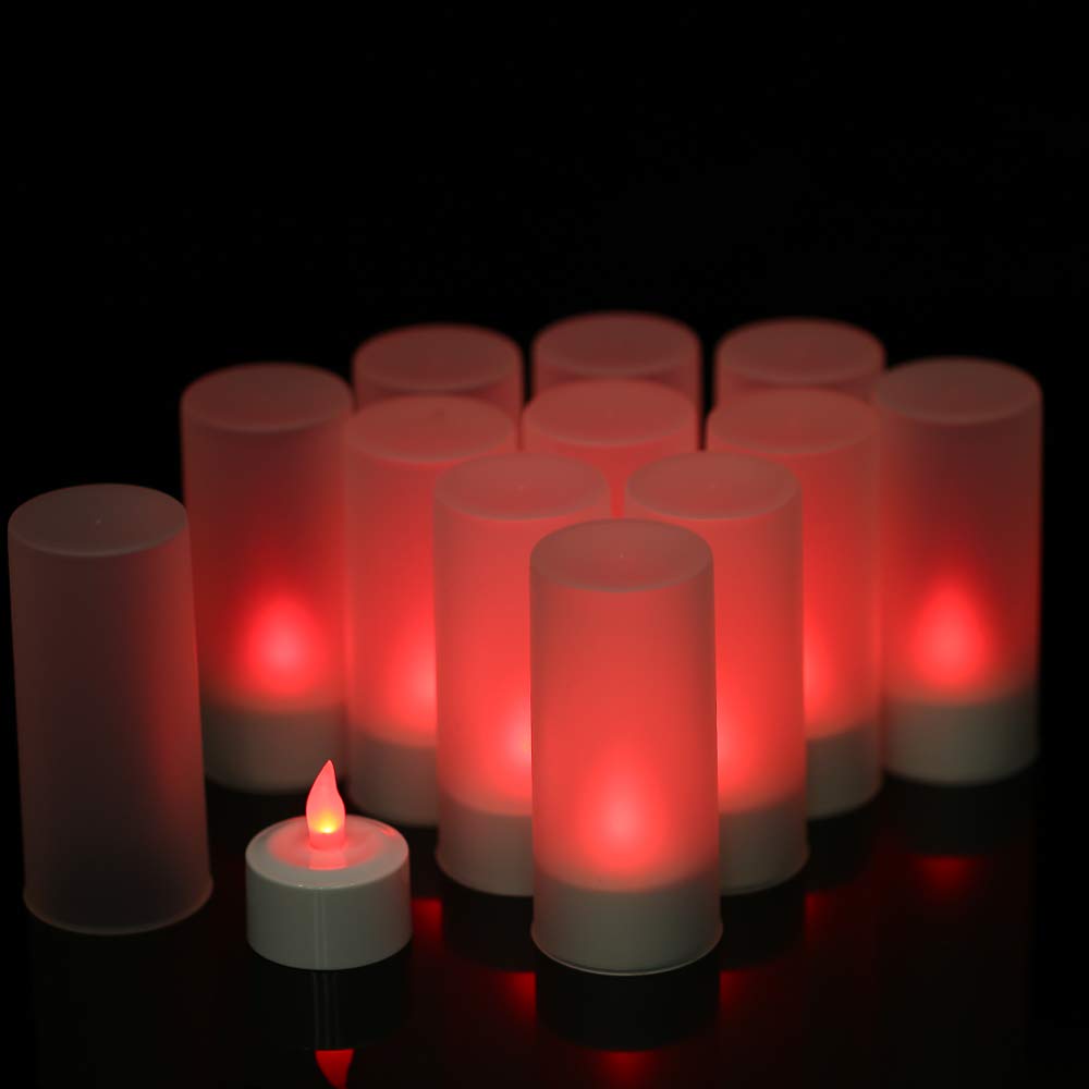 Atmosfera lampa zestaw 12 diod LED zmieniających kolor migoczące bezpłomieniowe świeczki tealight światła z pilotem USB 5 V matowe kubki podstawa ładująca na przyjęcie bożonarodzeniowe, święta,