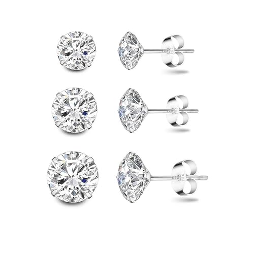 Hmzidz 3 Paare Ohrstecker Silber 925 Damen mit Diamant,Zirkonia Ohrringe Herren,Piercing Ohrringe Set,Ohrringe mit Stein,Unisex Klein Schmuck Ohrstecker Glitzer für Frauen Mädchen Herren