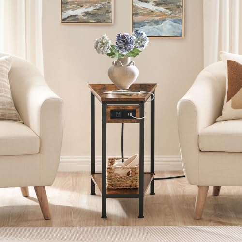 HOOBRO Wedge End Table with Charging Station, Recliner Wedge Side Table with Open Storage Shelves, Industrial Triangle Accent Table for Small Spaces, Corner, Living Room, Rustic Brown BF64UBZ01G1 by HOOBRO - Used condition - Image 2