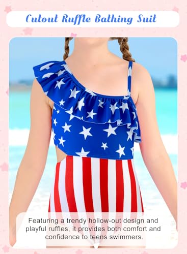 Image of Alakuoti Girls One Piece Swimsuits Cutout Ruffle Bathing Suit Quick Dry Beach Swimwear with Adjustable Strap 5-14 Years