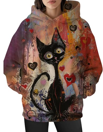 Spatofa Womens Funny Novelty Black Cat Graphic Hoodies Oversized Long Sleeve Y2K Hooded Sweatshirt Fashion Cat 3D Printed Pullover Hoodie Tops with Pocket Pink M