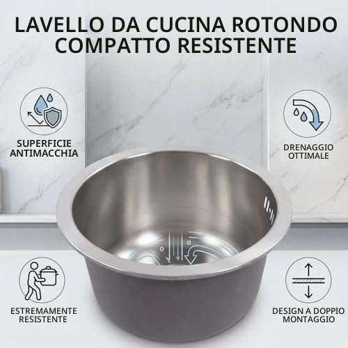 Mini Lavello Tondo da in Acciaio Inox con Raccordo di Scarico per Piccole Cucine Diametro 30 Cm
