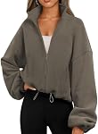 Famulily Women's Zip Up Fleece Cropped Y2K Jacket Sweaters Oversized Long Sleeve Clothes with Pockets Drawstring Hem