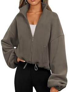 Famulily Damen Winter Tops High Neck Elegante Solide Tunika Sweatshirts Basic Full Zip Fleece Kurze Jacke Warm Outwear Mit Taschen Kaffee L