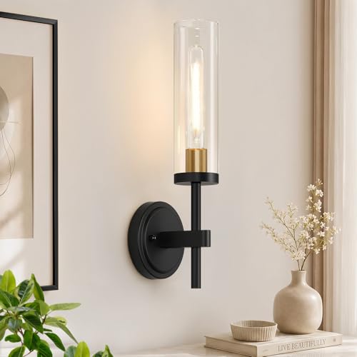 Image of MOKATNG Hardwired Wall Sconces, Black and Gold Bathroom Sconces with Clear Glass, Modern Wall Light Fixtures for Bathroom Mirror Vanity, Living Room, Bedroom, Hallway, Stairway, Cabinet, Foyer