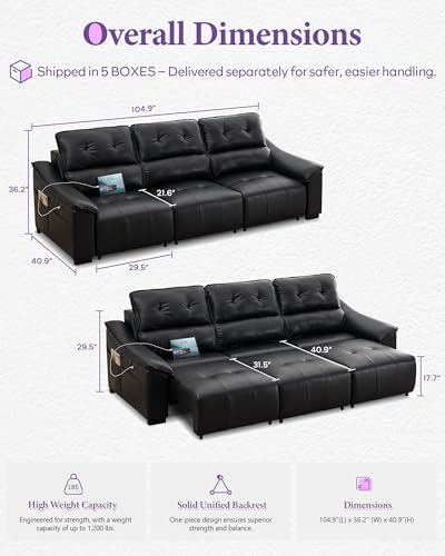 TYBOATLE Electric Reclining Sectional Couch, Power Recliner Sofa w/USB & Type-C Charging Ports and Cup Holders, Leather Reclining Sofa for Living Room, Home Theater