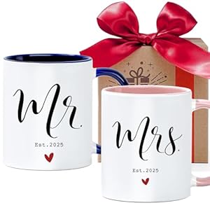 Mr Mrs Est 2025 Coffee Mugs Novelty Funny Wedding Shower Gifts Mugs Set Prospective Newlyweds Mugs Gift for Couples Engagement Gift for Bride Groom Hers His Newlyweds 23