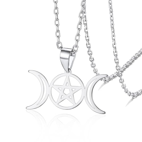 VASSAGO Collar de diosa de triple luna Wicca, collar de amuleto de pentagrama, joyería de acero inoxidable