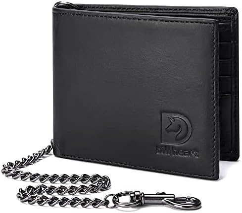bill heart Chain Wallets for Men, RFID Blocking Genuine Leather Bifold Wallet with Sturdy Chain