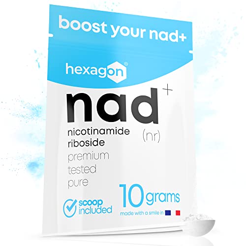NAD+ Nicotinamide Riboside Chloride - Polvo 10 Gramos, +31 Días de Cura - Contra el Envejecimiento y la Fatiga, Cloruro de Nicotinamida Ribosida - Precursor de NAD - Fabricado en Francia - Hexagon