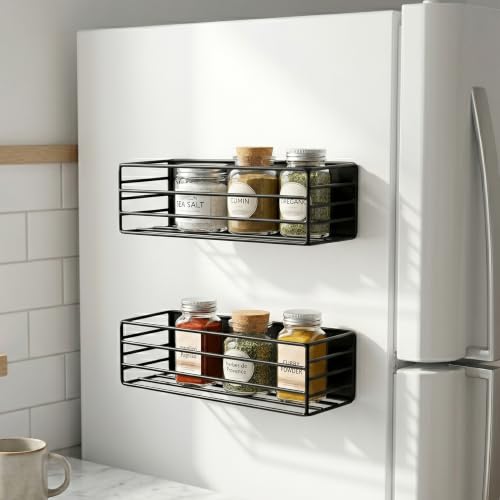 Image of Amazon Basics Magnetic Organizer for Fridge Space-Saving side Storage (27.5 x 11 X 7.5 cm, Iron, Black), Set of 2, Load Capacity: 1.5Kg