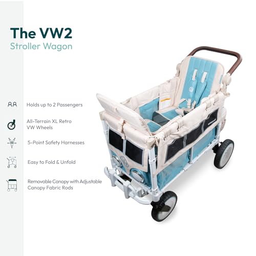 wonderfold volkswagen double stroller wagon 2 seater - foldable wagon stroller with classic vw bumper headlights and retro all-terrain xl wheels bondi blue