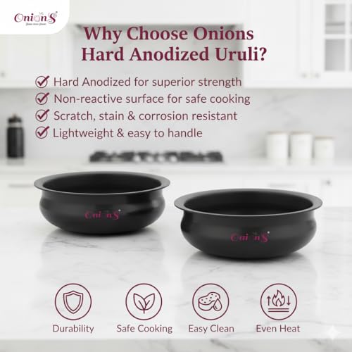 Image of Onions India Gold Hard Anodized Uruli Set of 6 | Traditional Black Cookware | Heat-Even Cooking, Scratch-Resistant & Easy to Clean Kitchen Cookware, Capacity - 1 L, 1.5 L, 2 L, 2.5 L, 3 L, and 4 L.