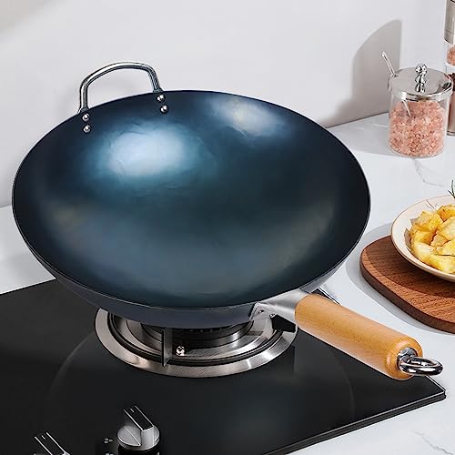 Mmlpes Wok - 13.5" Pre-Seasoned Carbon Steel Wok Pan With Wood And Steel Helper Handle, Traditional Hand Hammered Round Bottom Woks & Stir-Fry Pans Nonstick No Chemical Coating | Blue #TOP4
