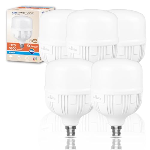 LED ATOMANT Pack 5x Bombilla LED E27 T120 50W, Color Blanco Frio (6500K), 5500 Lumenes, Casquillo grueso, Equivalente a 550W tradicional