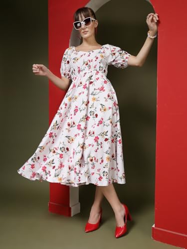 Image of OOMPH! Below Knee Shift Pink Dress in Crepe Fabric with Round Neck and Puff Sleeves - md619l