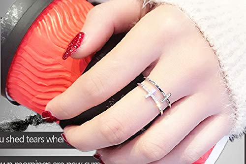 Flzaitian Simple Fashion Double Layer Cross Open Ring,Crystal Cross Finger Rings For Couple Women Girl (Silver) #TOP1
