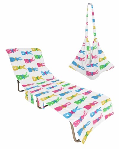 Colorful Bunny Easter Beach Lounge Chair Towel Cover, Soft Chaise Lounge Towel with Side Pockets Patio Pool Chairs Cover for Beach/Pool Sunbathing 29x85 Spring Pink Blue Yellow Green