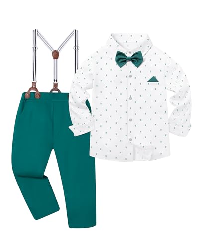 Image of DISAUR Boys Dress Clothes Wedding Ring Bearer Outfit Boy Formal Suits Dress Shirt with Bow Tie +Suspender Pants Set