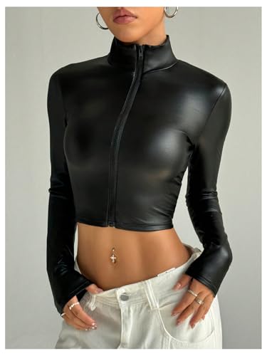 SOLY HUX Women's Faux Leather Zip Up Long Sleeve Fitted Crop Jackets Y2k Clothes Streetwear2