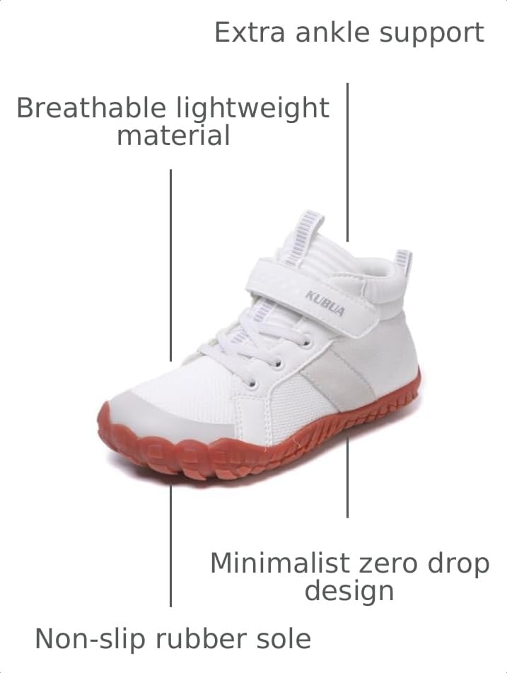 Image of KUBUA Kids High Top Barefoot Shoes Boys Girls Minimalist Zero Drop Sneakers | Wide Toe Box, Padded Collar for Ankle Support, Non-Slip, Hiking, Tennis, Walking, School, Wrestling, Gym, Little Kid, Big Kid