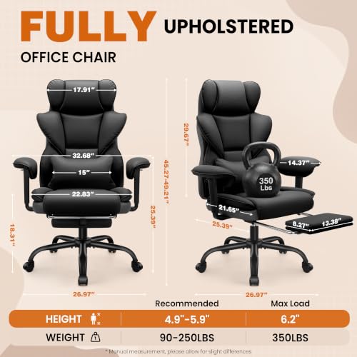 Image of Office Desk Chair, Big and Tall Gaming Chair with Foot Rest, Ergonomic High Back Computer Chair with Soft Adjustable Armrests, Lumbar Support Pillow, Executive Leather Chair (PU, Black)