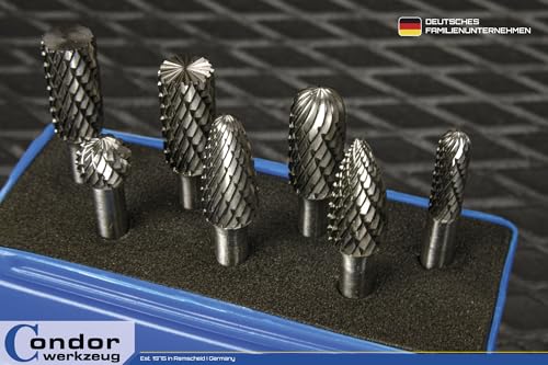 CONDOR Werkzeug 9817 | Hartmetall-Frässtift-Satz Rotationsfräser | 7-teilig | Wolfrahmstahl | ø 6 + 10 mm | Schaft 6 mm | geeignet für Holzbearbeitung, Schnitzen, Metallpolieren, Gravieren und Bohren