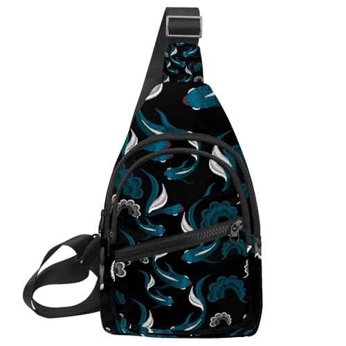 Mochila bandolera unisex con diseño de peces estilo chino en azul oscuro (30x18 cm)