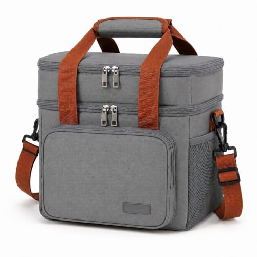 Bolsa Térmica 13L com 2 Compartimentos e Alça Ajustável, Lancheira Térmica para Marmita, Lanches, Trabalho, Academia, Escola, Viagem e Piquenique (Cinza)