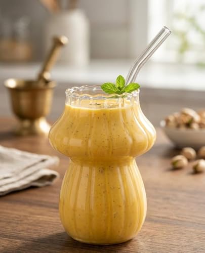 Image of Mushroom Shaped Glass Tumbler with Straw, Ribbed Glass for Juices, Milkshakes, Cold Coffee, Smoothie etc and Other Beverages Pack of 2