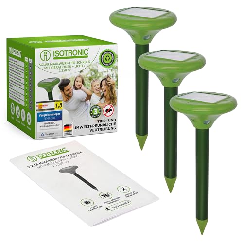 Preisvergleich Produktbild ISOTRONIC Solar Maulwurfabwehr Vibrasonic mit Vibrationsmotor 3er Set solarbetrieben Wühlmausfrei Wühlmausschreck Wühlmausvertreiber Wühltierfrei Maulwurfschreck Schlangenabwehr (3)
