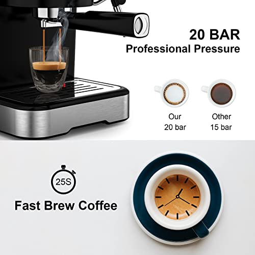 KOTLIE Cafetera Express, Máquina de Café Expreso con Panel Táctil Digital, Tubo de Vapor Giratorio, 20 Bares de Alta Presión, Depósito Extraíble de 1.5L, 2 Filtros, 1100 W, Negro