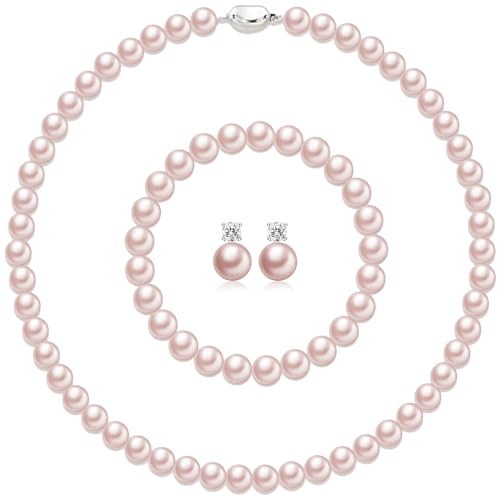 Pttozan Pearl Necklaces for Women 8mm Pink Pearl Necklace and Earring Bracelet Jewelry Set for Women Men Wedding Birthday Valentine Christmas Day Gifts