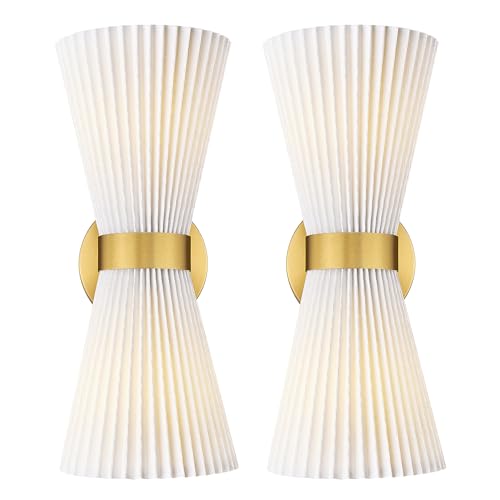 Image of Wall Sconces Set of Two, HWH 14.3 Inch Gold Bathroom Light Fixtures with Milk White Striped Fabric Shade, Modern Wall Light fixtures for Living Room Bedroom, 5HZG97B-2W-2PK BG-FB