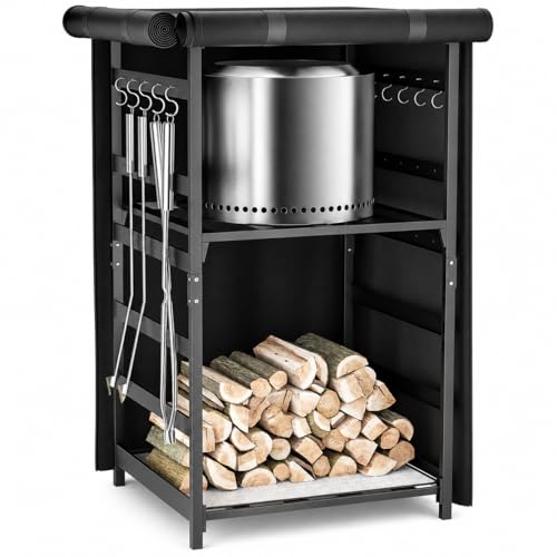 Hisencn Fire Pit Storage Station 4.5 ft for Solo Stove and Other Fire Pits, Outdoor Firewood Rack with Waterproof Cover, Adjustable Shelf Wood Storage Cabinet for Logs and Fire Pit Accessories