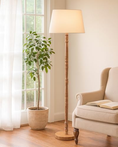 Image of Homesake Mid Century Modern Floor Lamp for Living Room | Hand Turned | Corner Lamp for Living Room, Stand Lamp with Fabric Lampshade for Bedroom, Study Room and Office, (White)