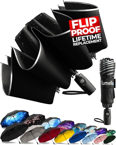 TUMELLA Strongest Windproof Reversed Travel Umbrella, Small Strong but Light Portable and Automatic Folding Rain Umbrella, Durable Premium Grip, Fits Car & Backpack