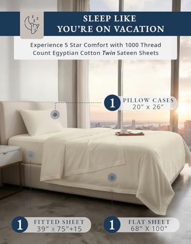 Image of LANE LINEN Boys Twin Sheets 1000 Thread Count 100% Egyptian Cotton - Ivory | Yellow Twin Sheets - 3-Piece Set, 15 inch Deep-Pocket Snug Fit, Cozy For Cabins And Camp, For Guests And Everyday Use