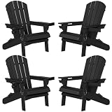 Shintenchi Folding Adirondack Chairs Set of 4,HDPE All-Weather Patio Chairs with Cup Holder & Phone Holder,Wooden Textured Fire Pit Chairs for Patio,Outside,Deck,Backyard,Black