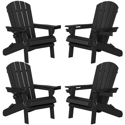 Shintenchi Folding Adirondack Chairs Set of 4,HDPE All-Weather Patio Chairs with Cup Holder & Phone Holder,Wooden Textured Fire Pit Chairs for Patio,Outside,Deck,Backyard,Black